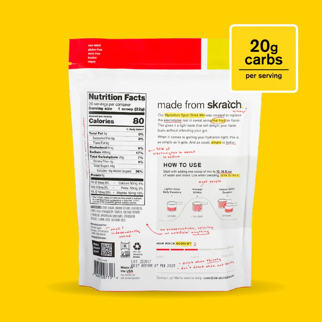 Back of skratch labs recovery sport drink mix 440g bag, strawberry lemonade flavour
