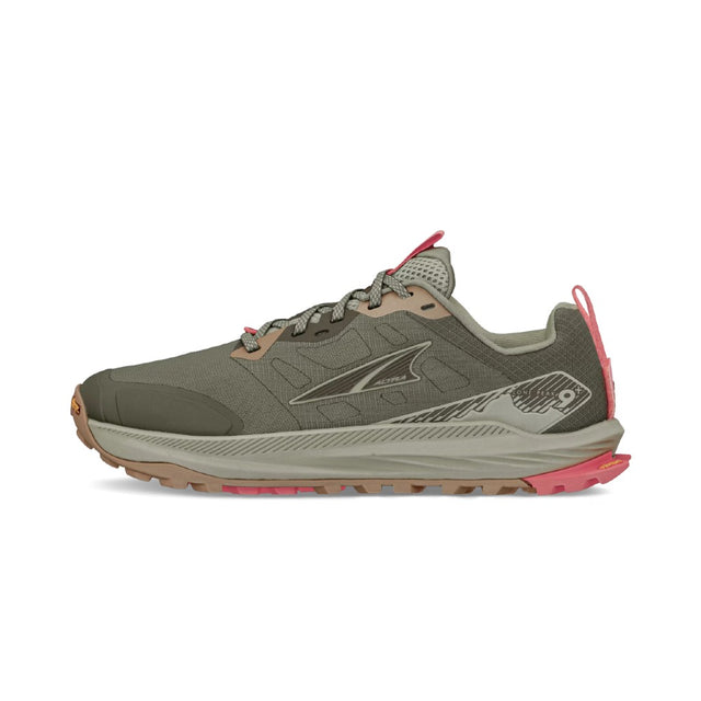 Side view of women's Altra Lone Peak 9+ trail shoe in dusty olive colour
