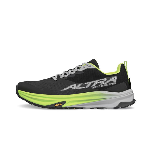 Side view of Altra Mont Blanc Speed trail running shoe in black/lime