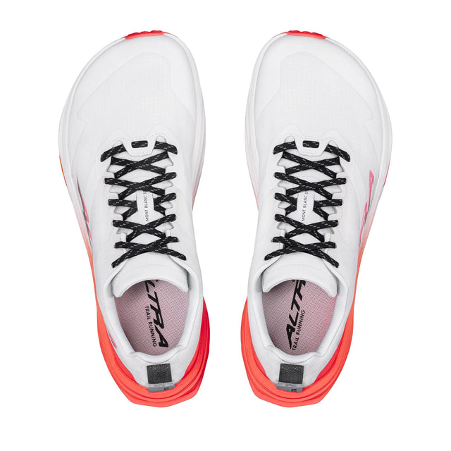Top view of men's white/red Altra Mont Blanc Speed trail running shoes
