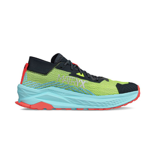 Inner side view of men's Altra Olympus 275 running shoe in black/green/coral/blue