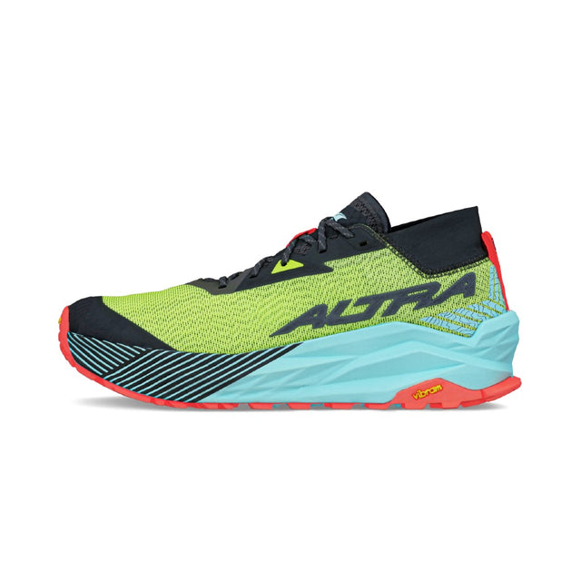 Side view of men's Altra Olympus 275 running shoe in black/green/coral/blue