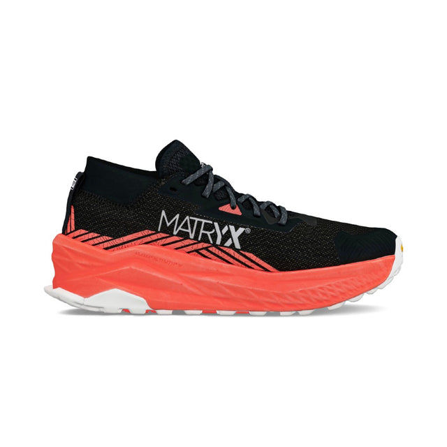 Inner side view of women's Altra Olympus 275 running shoe in coral/black