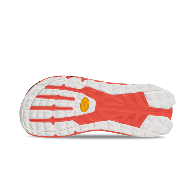 Sole of women's Altra Olympus 275 running shoe in coral/black