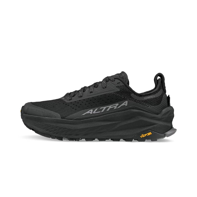 Side view of women's Altra Olympus 6 trail running shoe in black