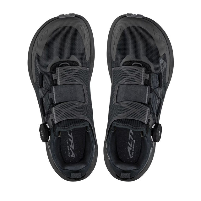 Top view of men's Altra Timp 5 BOA running shoes in black/black