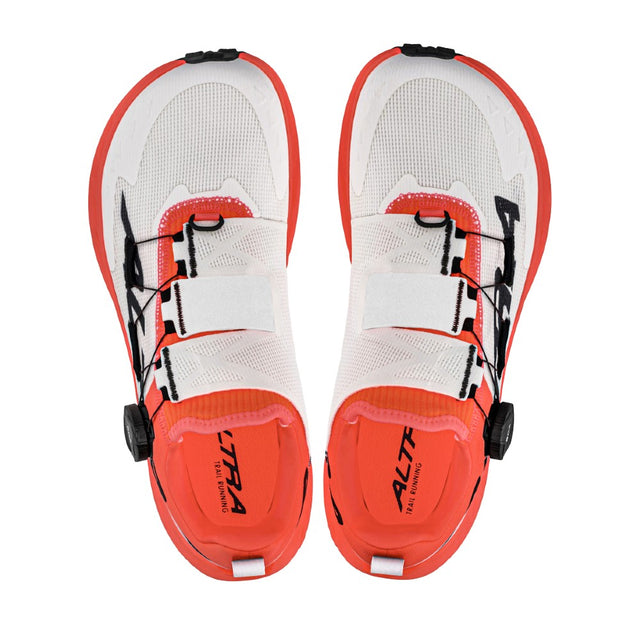 Top view of women's Altra Timp 5 BOA running shoes in white/coral