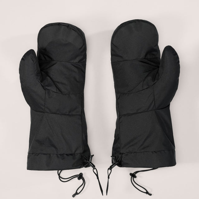 Pair of black Arc'teryx Beta Down Mittens with palms up