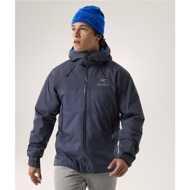 Front on-model view of men's Arc'teryx Beta AR Jacket in black sapphire colour (navy)