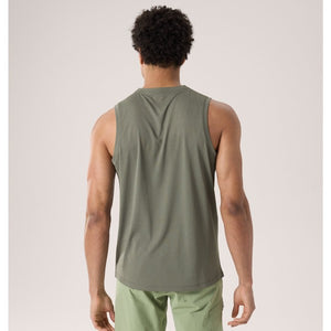 Back on-model view of men's Arc'teryx Cormac tank in forage heather (green)