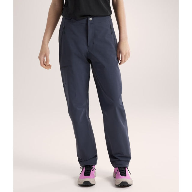 Front on-model view of women's black sapphire Arc'teryx Gamma softsheel pants