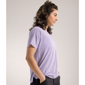 Side on-model view of women's Arc'teryx Silene crew shirt in velocity heather (purple)