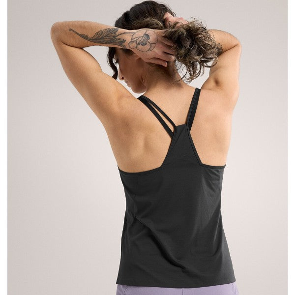 Back on-model view of women's Arc'teryx Silene tank top in black heather