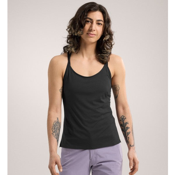 Front on-model view of women's Arc'teryx Silene tank top in black heather