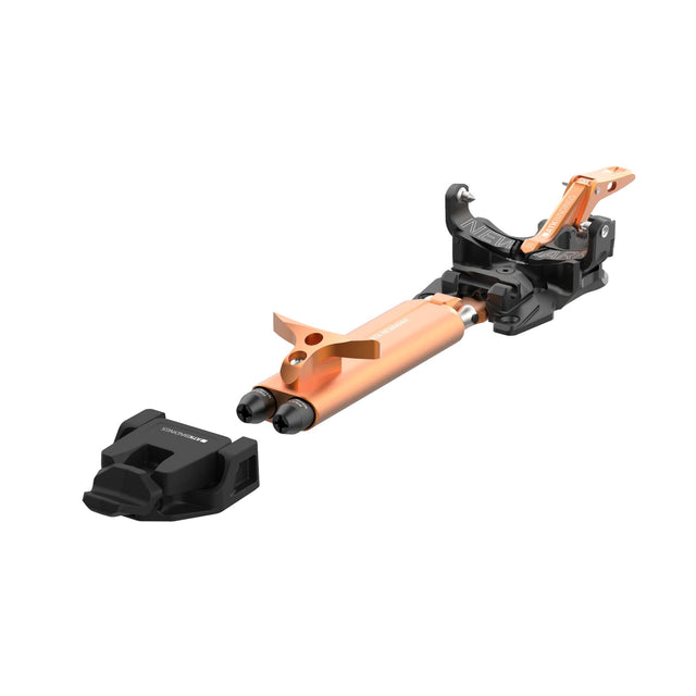 Back angled view of an orange/black ATK Newmark Lite telemark binding