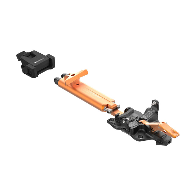Front angled view of an orange/black ATK Newmark Lite telemark binding