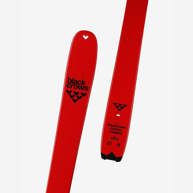 Tip and tail details of a red Black Crows Camox Freebird ski