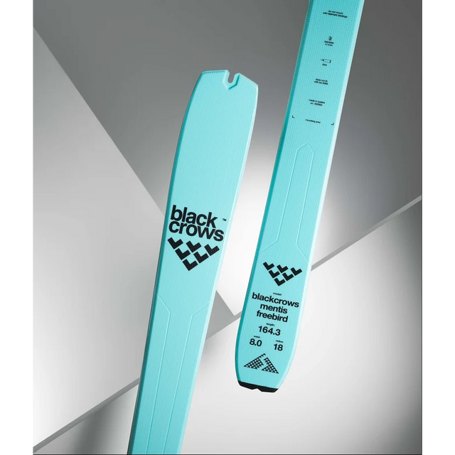 Tip and tail detail of a turquoise Black Crows Mentis Freebird ski