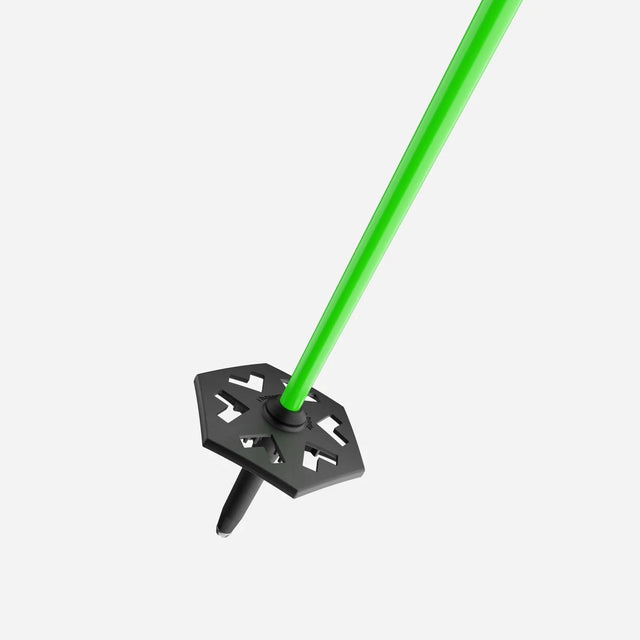 Tip/basket detail of a green Black Crows Sector ski pole