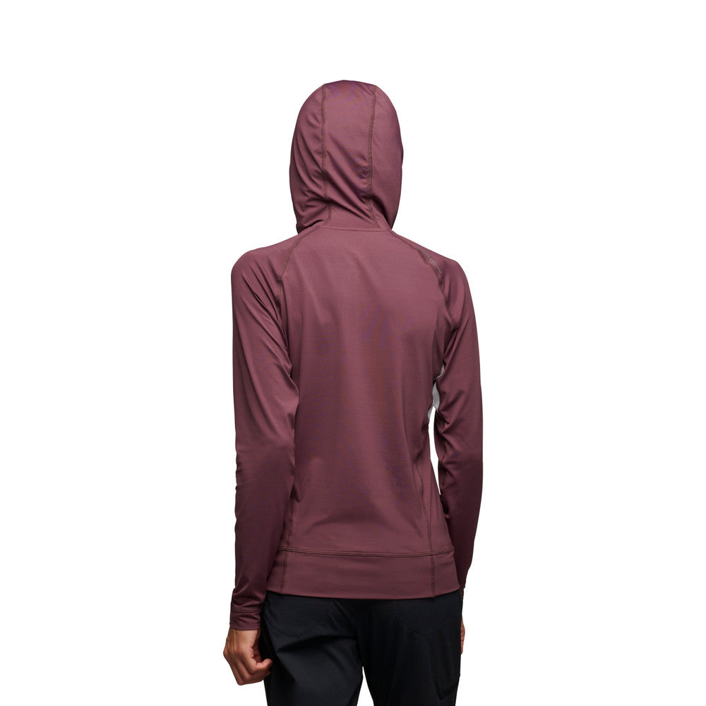 Back on-model view of women's Black Diamond Alpenglow Pro Hoody in Fig color