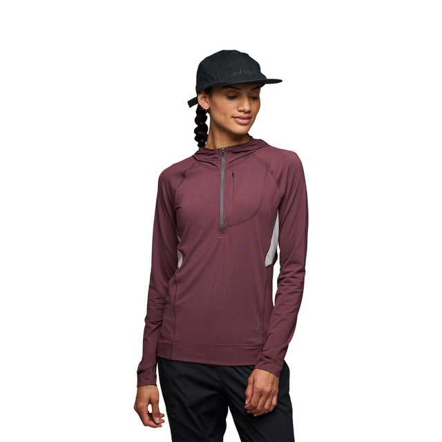 Front on-model view of women's Black Diamond Alpenglow Pro Hoody in Fig color