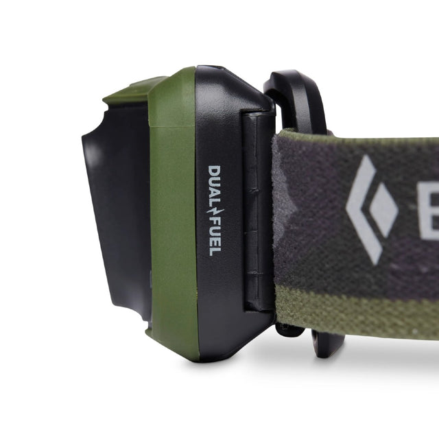 Side view of Black Diamond Cosmo 350 headlamp in Dark Olive colour