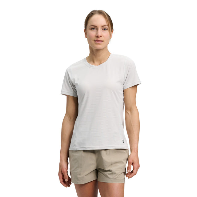Front on-model view of women's Black Diamond Distance SS Tech Tee in alloy colour