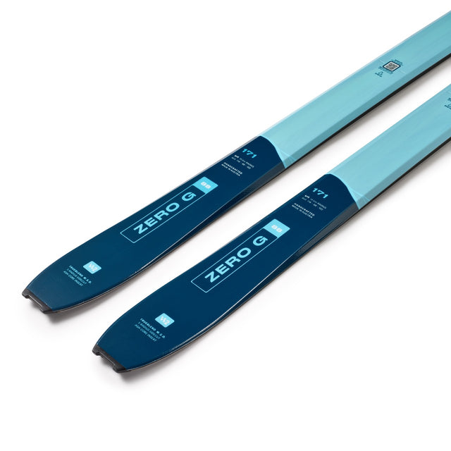 Tail detail of a pair of blue Blizzard Zero G 88 W backcountry touring skis