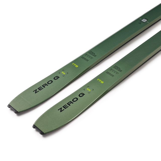Tail detail of a pair of green Blizzard Zero G 88 backcountry skis