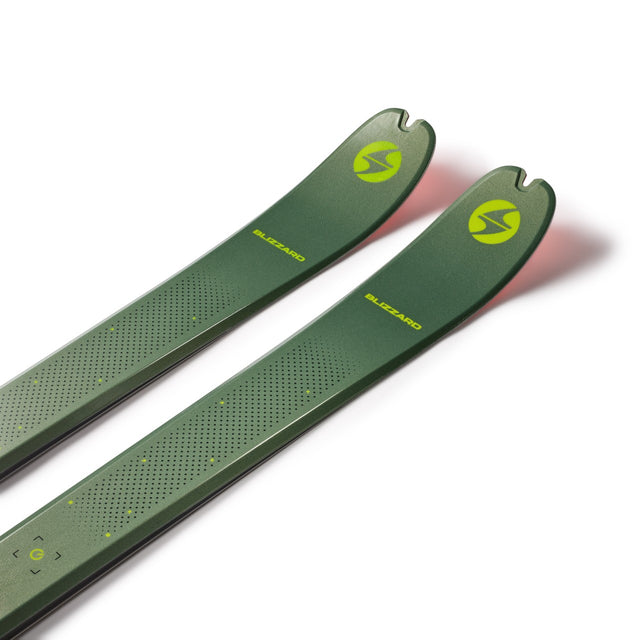 Tip detail of a pair of green Blizzard Zero G 88 backcountry skis