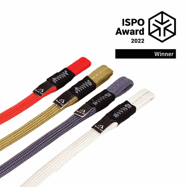 Set of colorful Blue Ice brand alpine runners ISPO Award 2022 winner badge