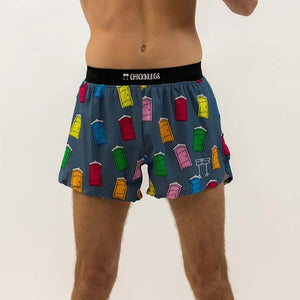 Front on-model view of men's Chicknlegs 4" half split running shorts in porta potties print