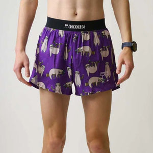 Front on-model view of men's Chicknlegs 4" half split running shorts in sloths print