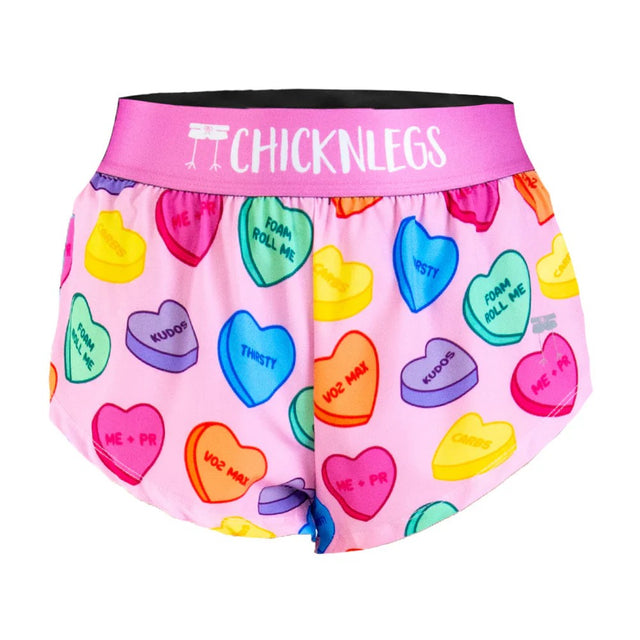 Women's ChicknLegs 1.5" split running shorts in candy hearts print