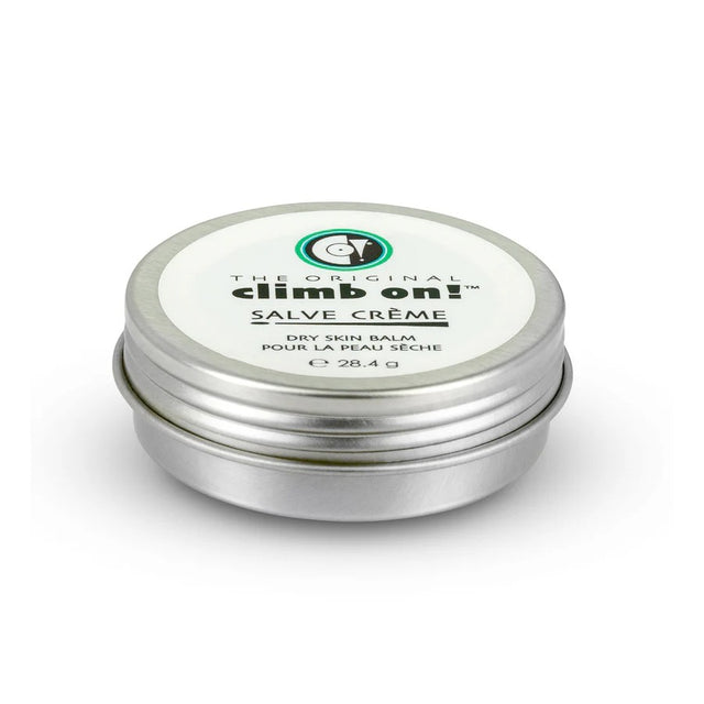 Silver tin of 'climb on!' salve crème