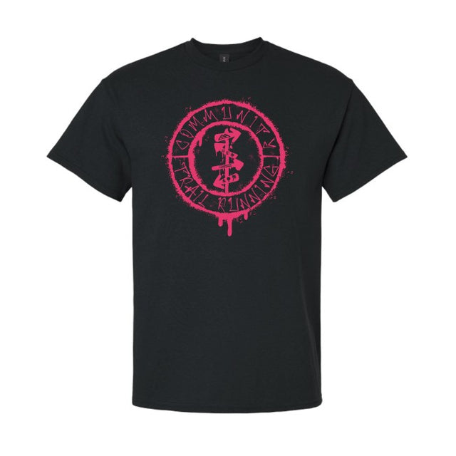 Black t-shirt with pink graphic design on a white background