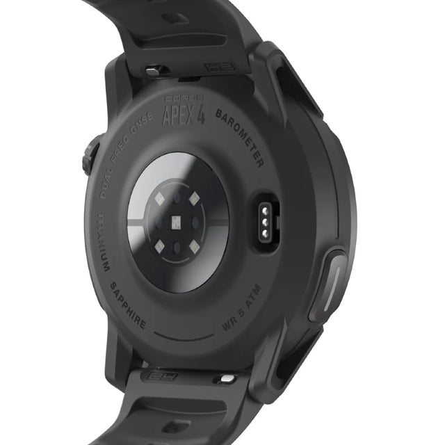 Back view of black 46mm COROS APEX 4 GPS watch