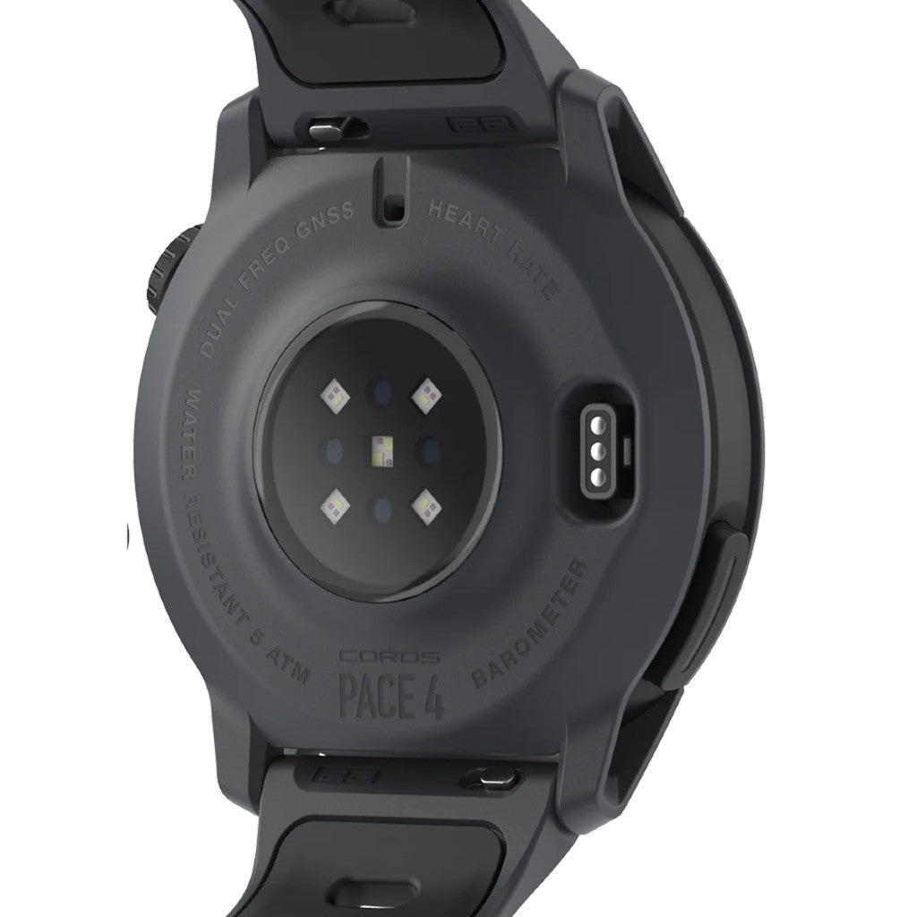 Back view of black Coros Pace 4 GPS watch