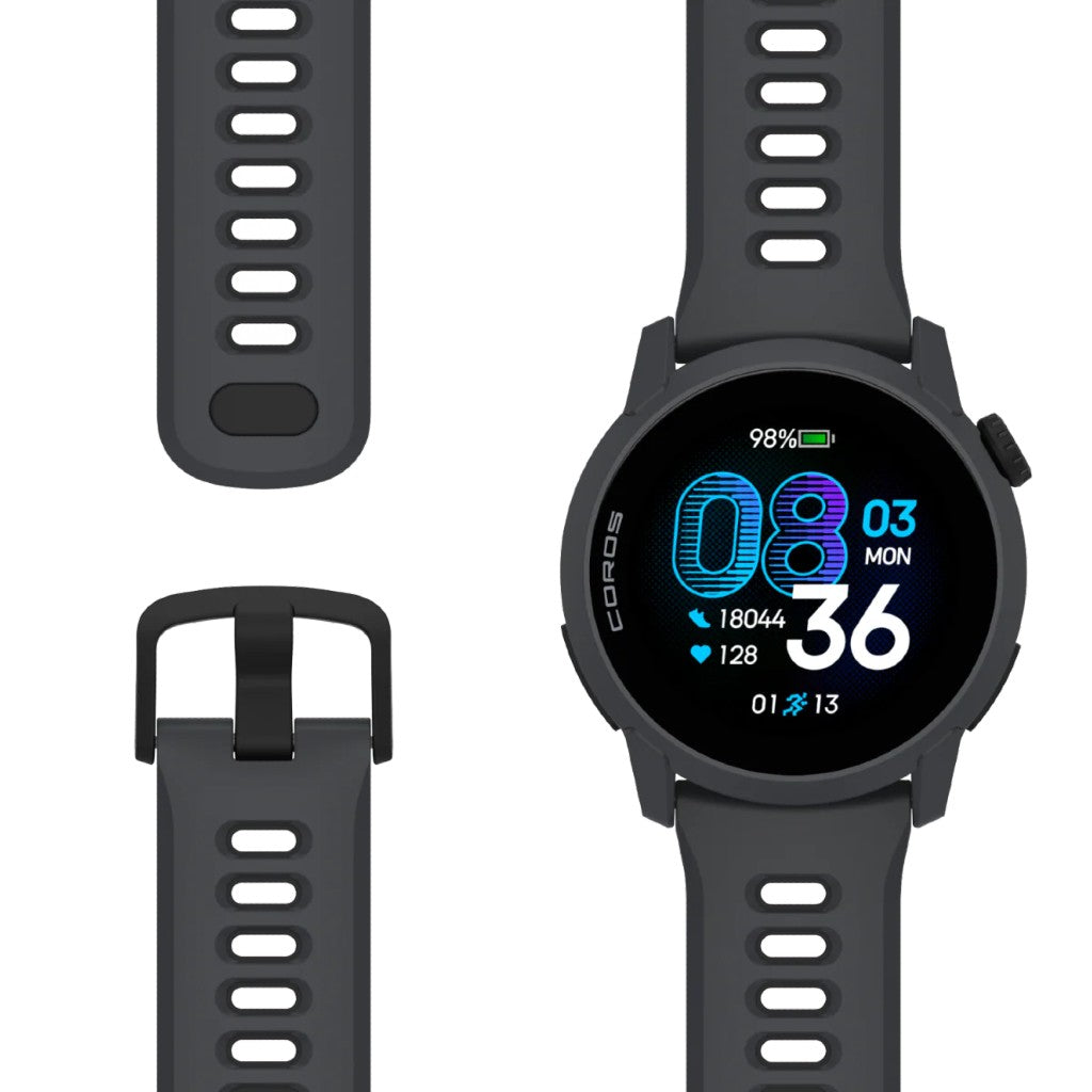 Black Coros Pace 4 GPS watch with silicone strap flat lay