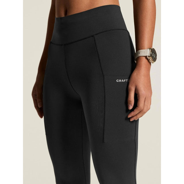 Front on-model closeup view of women's black Craft Hypervent running tights