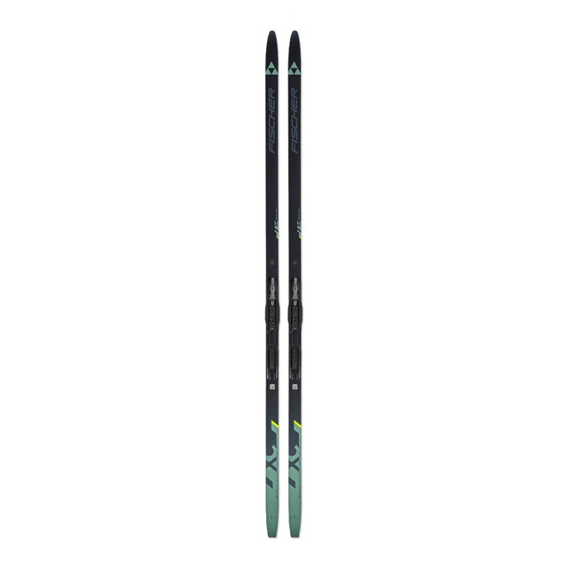 Top view of pair of Fischer Twin Skin Sport mounted cross-country skis