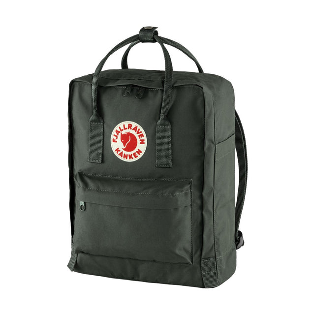 Side angle view of green Fjallraven Kanken daypack