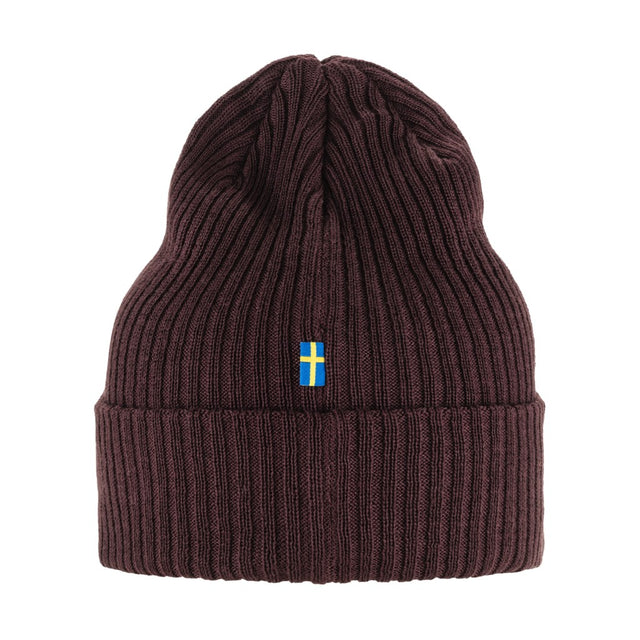Back view of maroon Fjallraven rib knit beanie