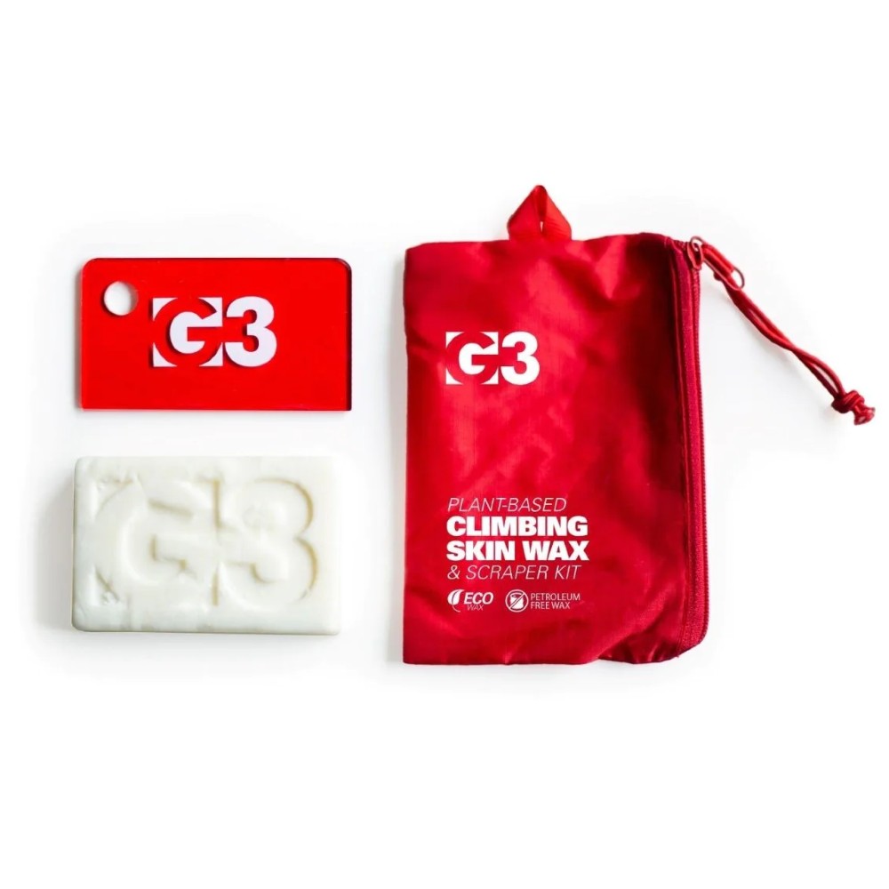 Unpacked view of G3 Plant-based climbing skin wax and scraper kit