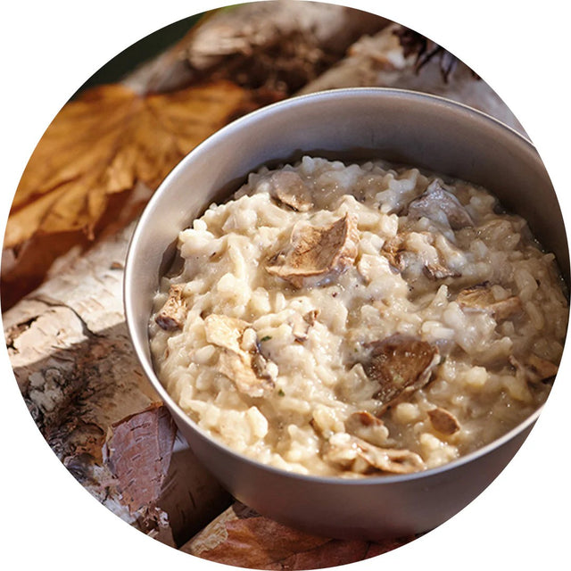 Bowl of cooked Happy Yak cheese & mushroom risotto freeze-dried meal