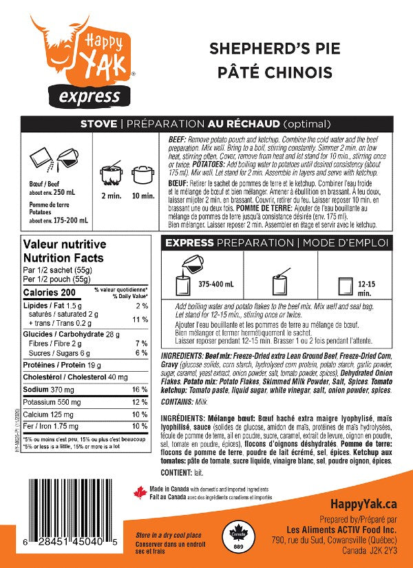 Ingredients and directions for happy yak freeze-dried shepherd's pie
