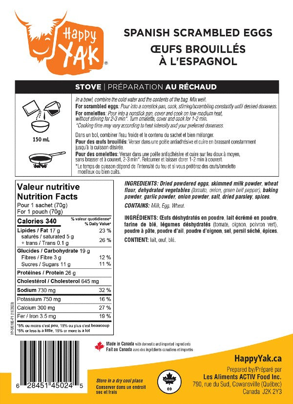 Ingredients and direction for happy yak freeze-dried spanish eggs