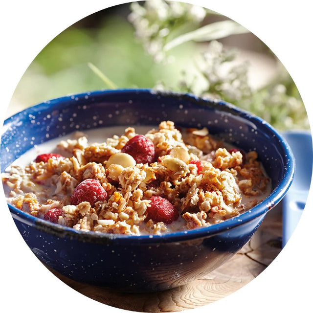 Prepared view of Happy Yak Raspberry and Vanilla granola backpacking meal