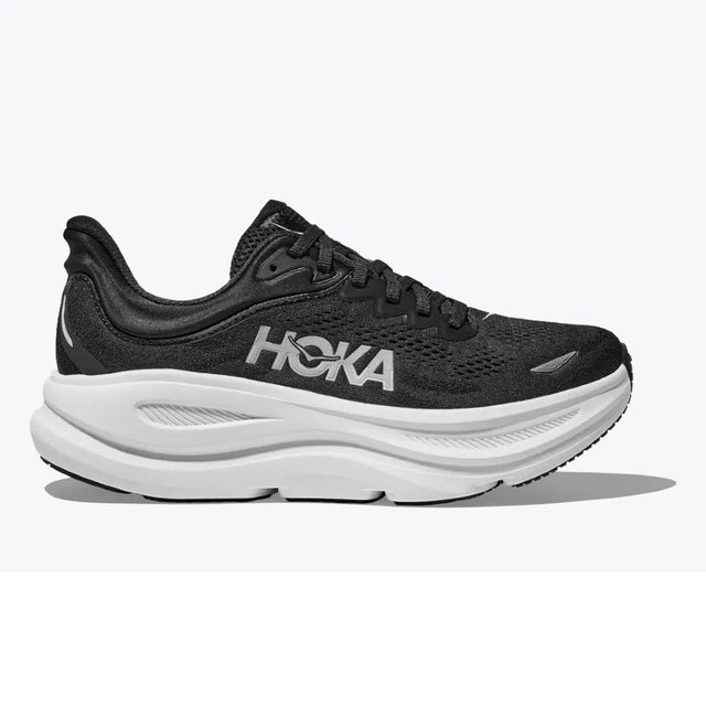Side view of men's Hoka Bondi 9 running shoe in black/white