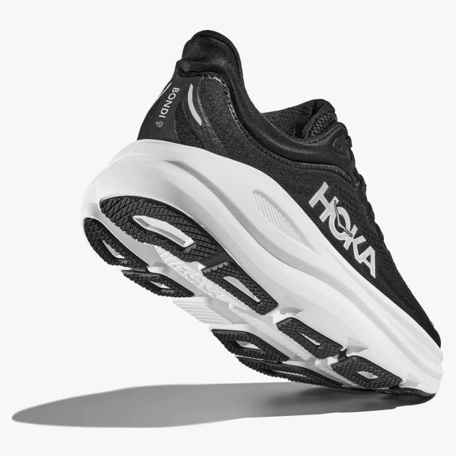 Sole view of Hoka Bondi 9 running shoe in black/white